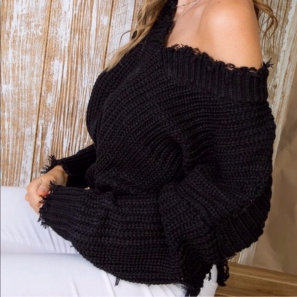Frayed Hem Sweater - BLACK - Picture 4 of 5